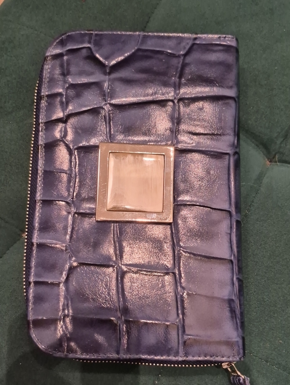 Croc-Embossed Navy Zip Wallet with Silver Accent Real Leather